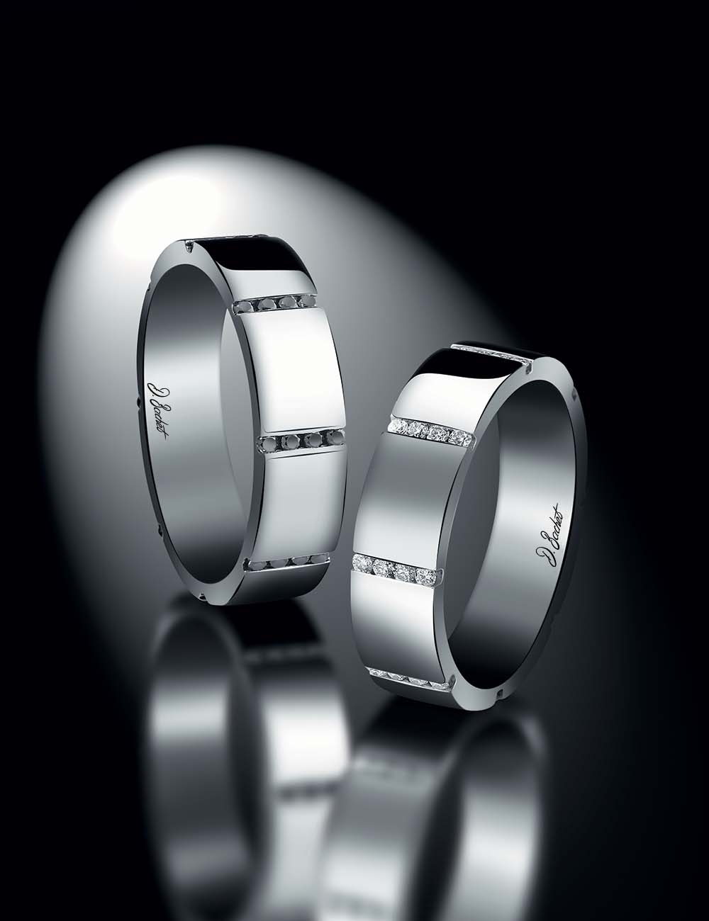 Women's platinum wedding band, graphic and original, with white diamonds, for those looking to break away from convention.