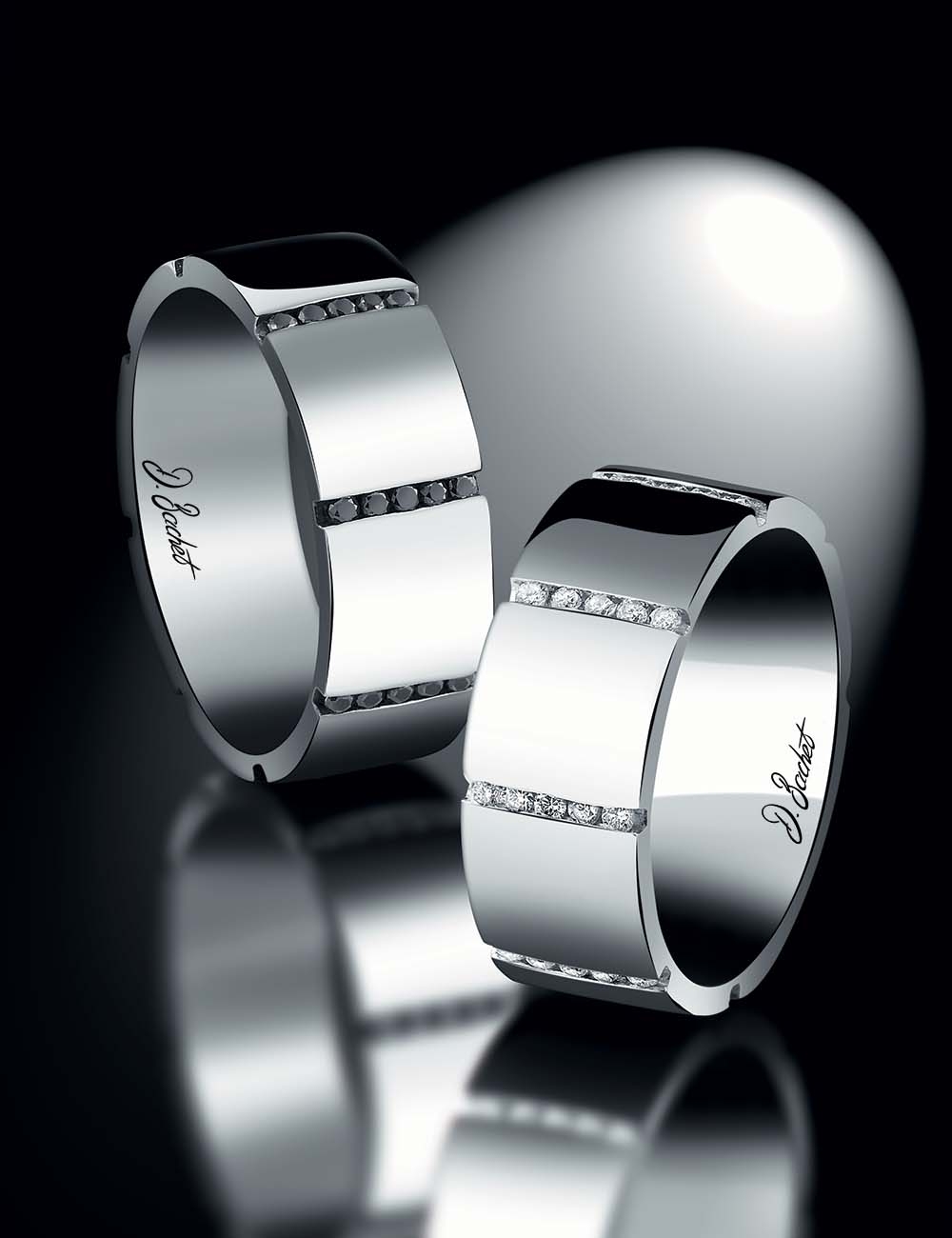 Alliance homme luxe en platine, 7,5 mm de largeur, diamants noirs, design audacieux et graphique, confortable.