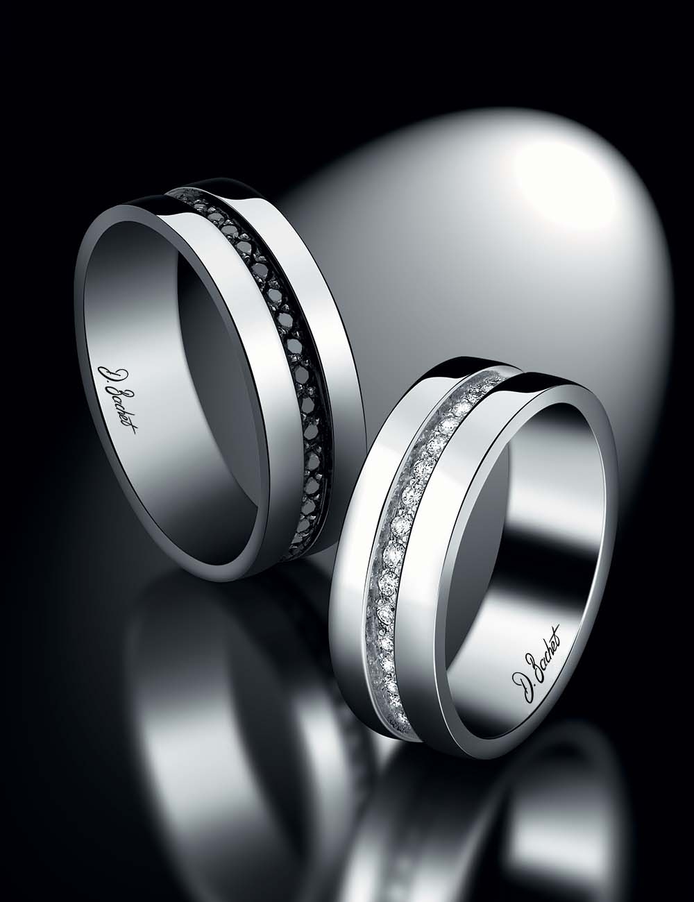 Contemporary men's wedding band in black diamonds, platinum/gold, various widths, also in white diamonds, French craftsmanship.