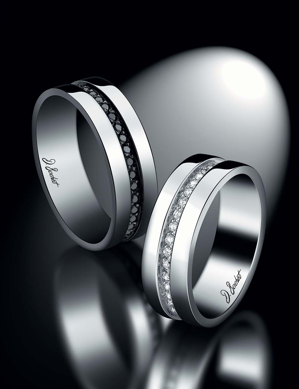 6mm women's wedding band in platinum with white diamonds, elegant modern style, also in black diamonds.