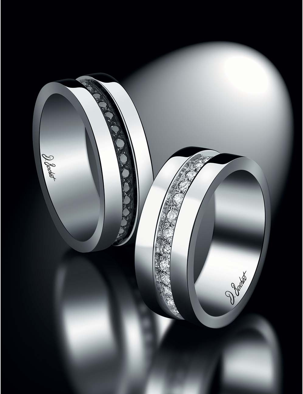 7 mm men's wedding band in platinum with black diamonds, contemporary masculine design, comfort fit, also in white diamonds.