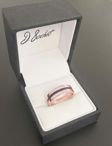 Wide eternity wedding ring for men in rose gold and black diamonds