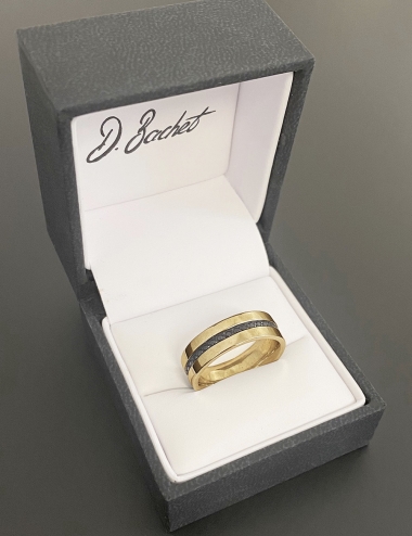 Wide eternity wedding band for men in yellow gold and black diamonds