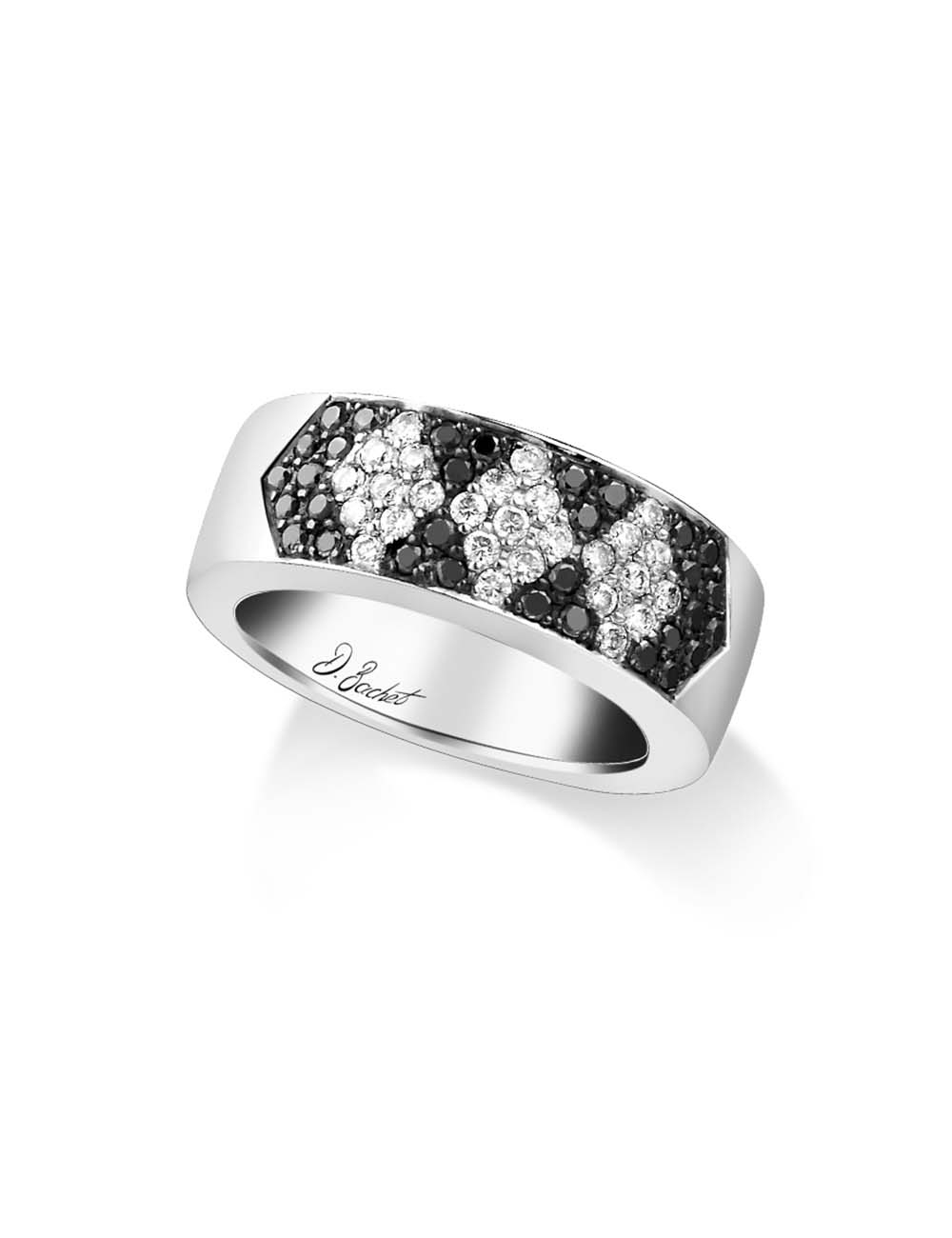 Luxury and bold wedding ring for women in platinum, black and white diamonds