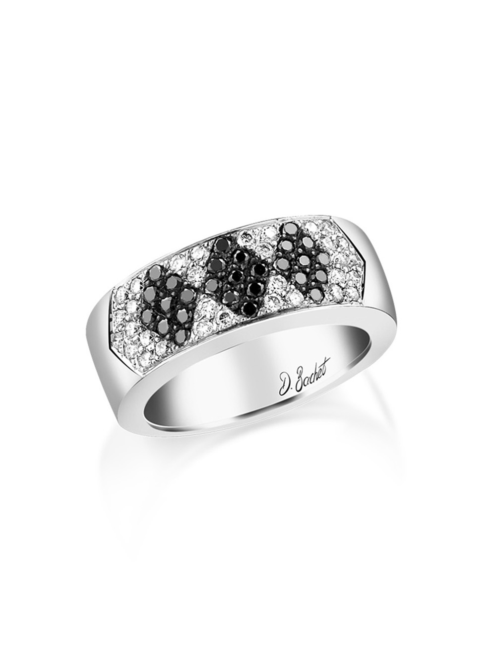 Women's luxury and unique wedding ring in white and black diamonds to wear alone