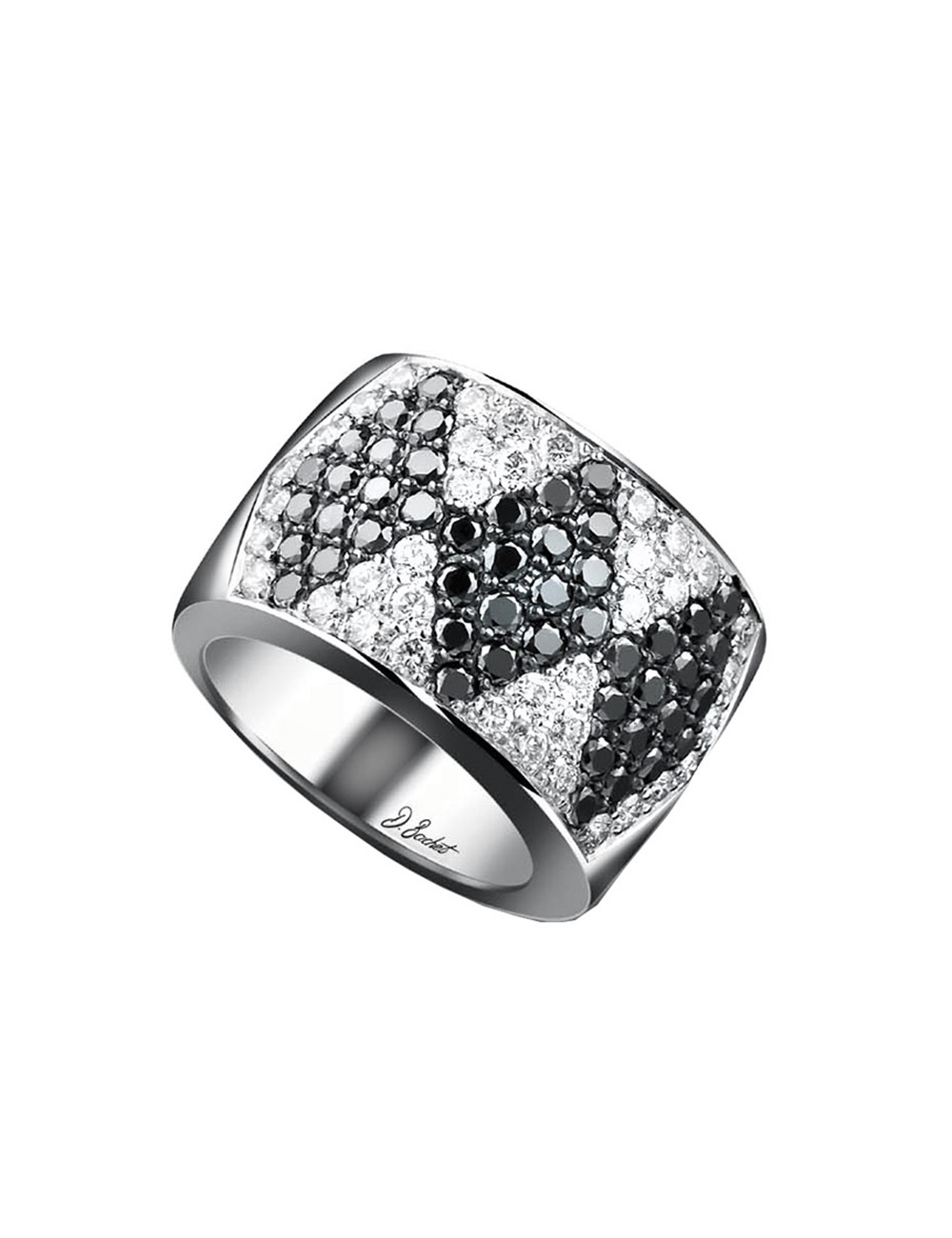 Bague luxe pour femme à l'anneau épais en platine, diamants blancs et diamants noirs