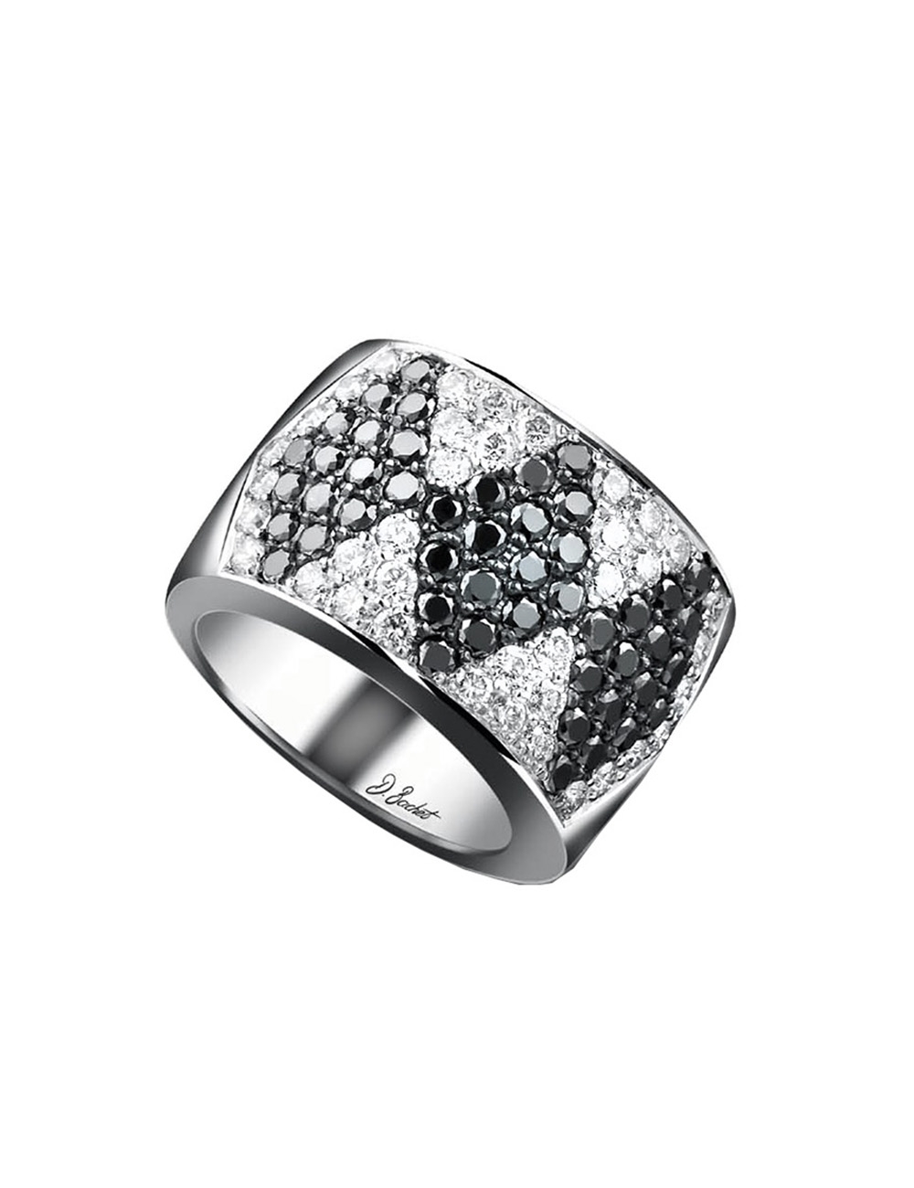 Bague Pavée de Diamants Noirs et Blancs en Platine - Symbole d'Élégance et de Contrastes Puissants.