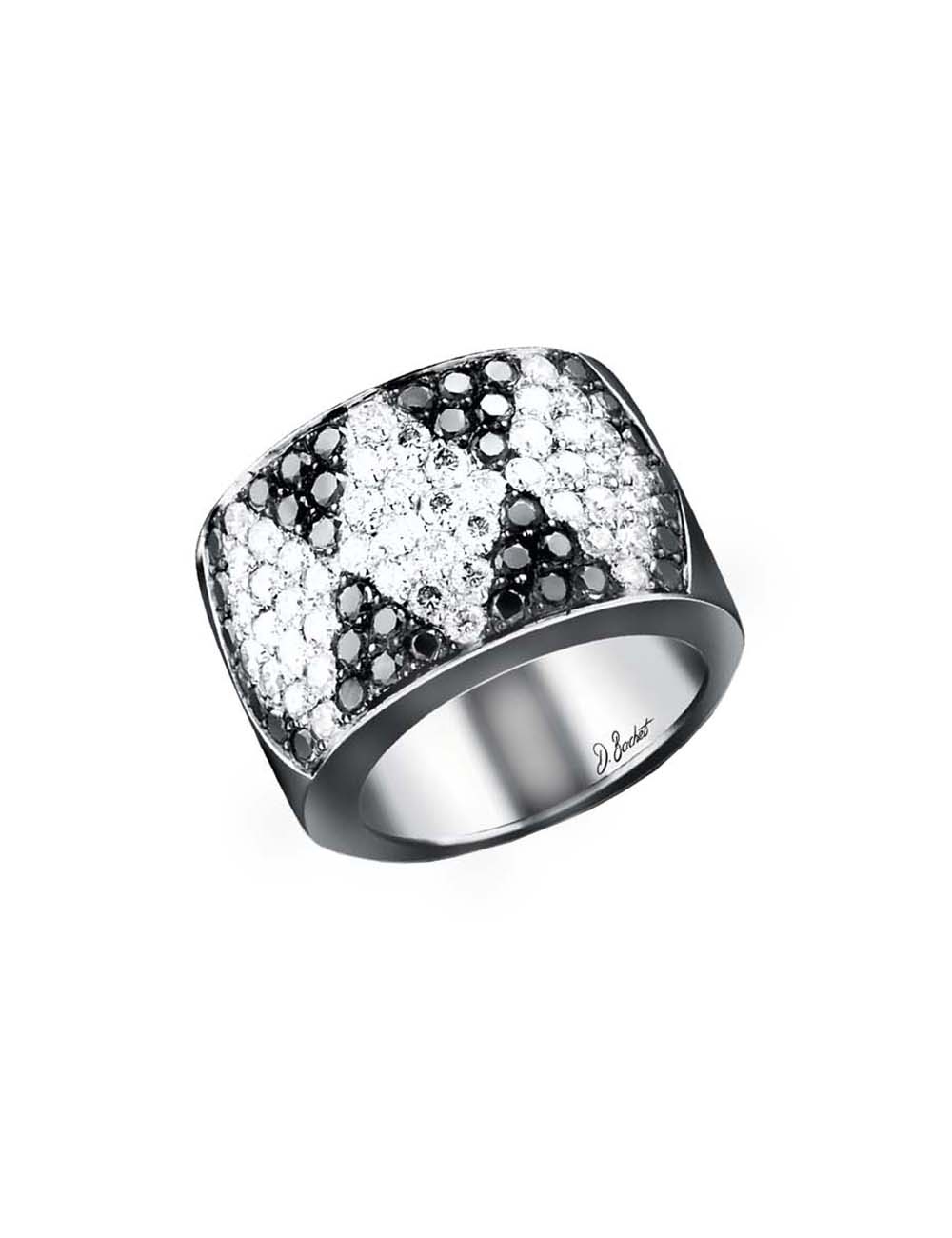 Women's luxury ring in platinum, white diamonds and black diamonds