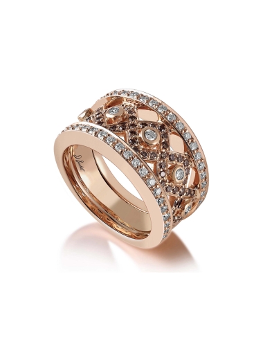 Bague femme moderne et luxe en or rose 750, diamants blancs et diamants bruns