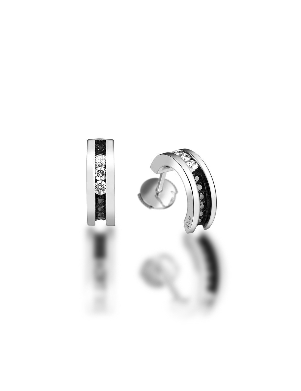Semi Hoop Diamond Earrings, modern and feminine, set with a white diamond trilogy.
