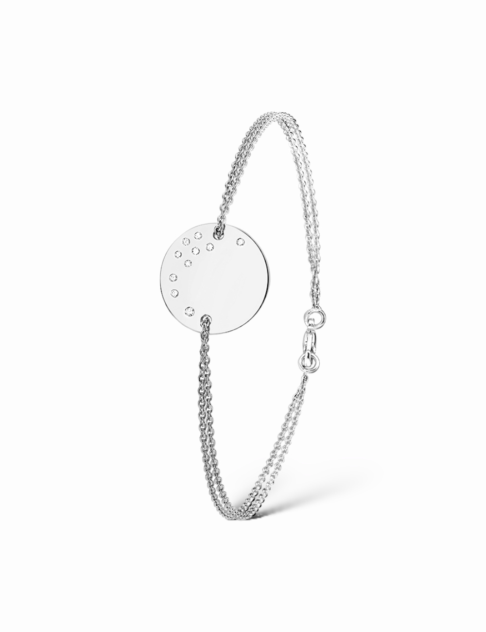 Modern elegance of the Cascade white gold and white diamonds medallion bracelet for a contemporary brilliance.