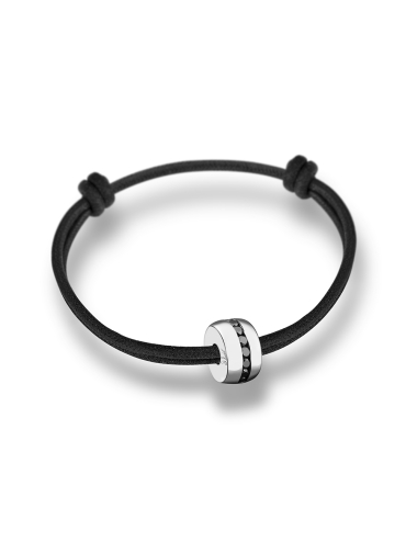 Bracelet luxe pour homme en or blanc et diamants noirs, doté de nœuds coulissants pour un ajustement facile.