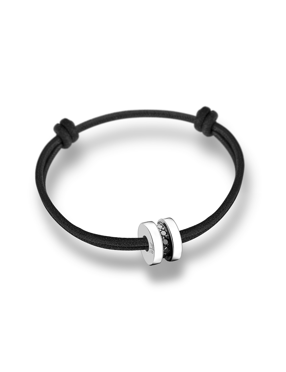 Cadeau bijoux : bracelet homme sur cordon noir ajustable, en or blanc 18 carats et diamants noirs.