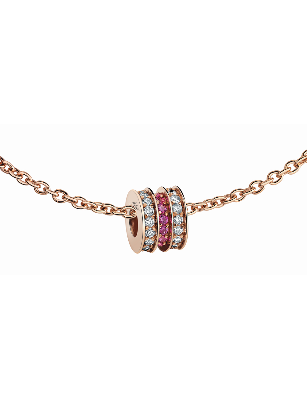 Rose gold 'Scroll In Love' pendant with pink sapphires and white diamonds, symbolizing luxury and elegance.