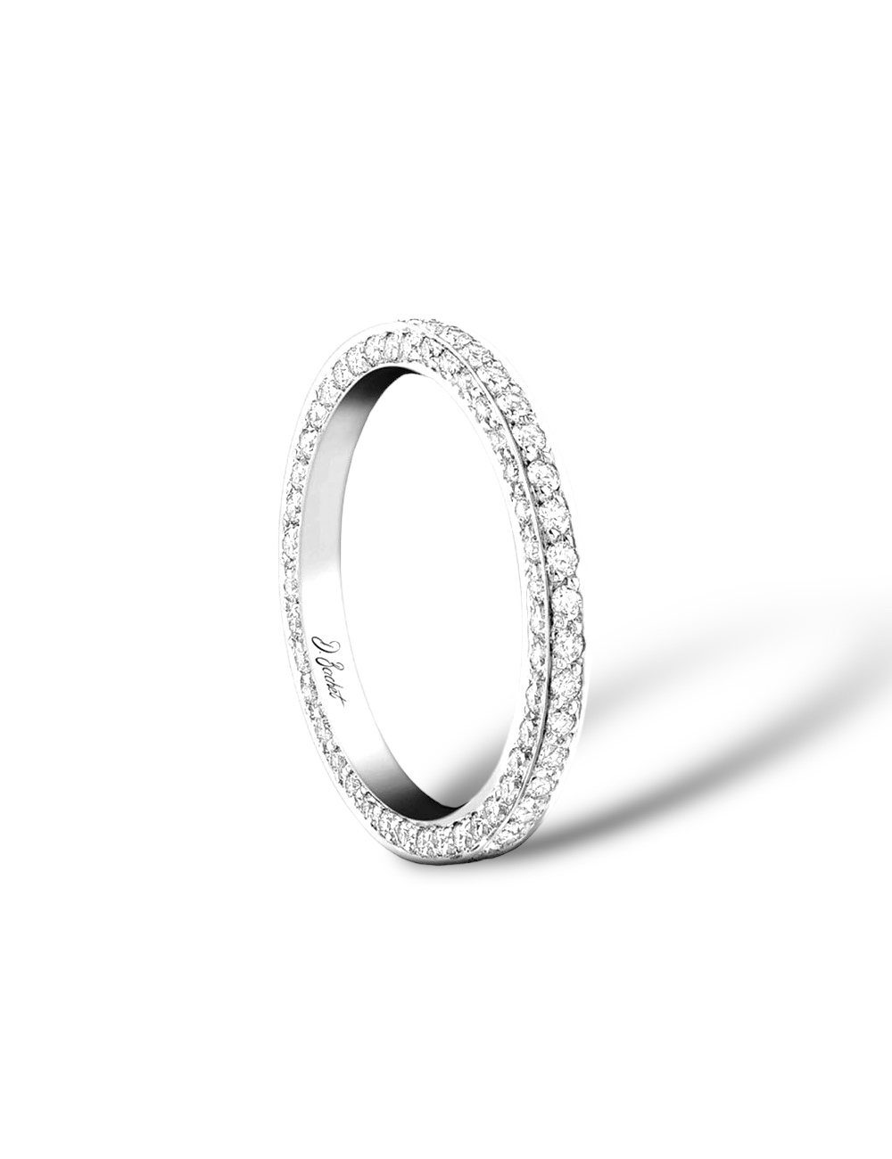 Women's wedding band in platinum, with white diamonds set on top and each side, captivating sparkle, ethically sourced