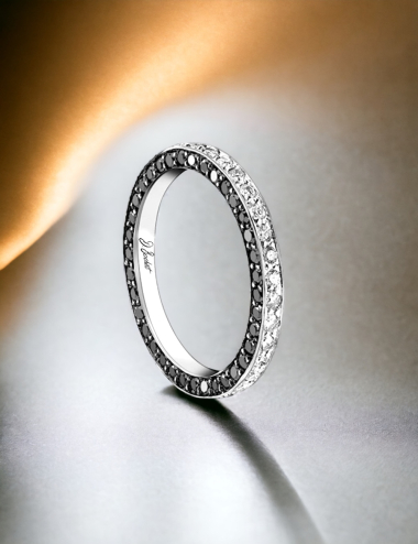 Unique wedding band with white and black diamonds, symbolizing eternal love, crafted in France
