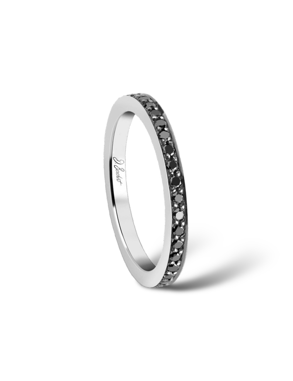 Platinum wedding band for women, adorned with sparkling black diamonds all around the ring, elegantly reflecting light.