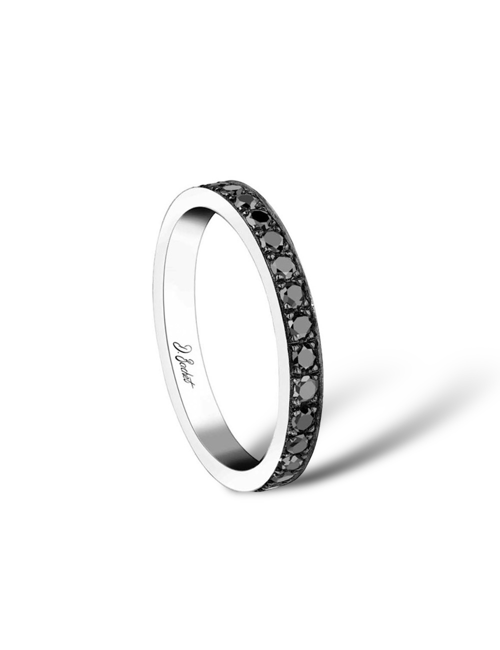 Unisex platinum wedding band, set with sparkling black diamonds around the ring, capturing light in a refined manner.