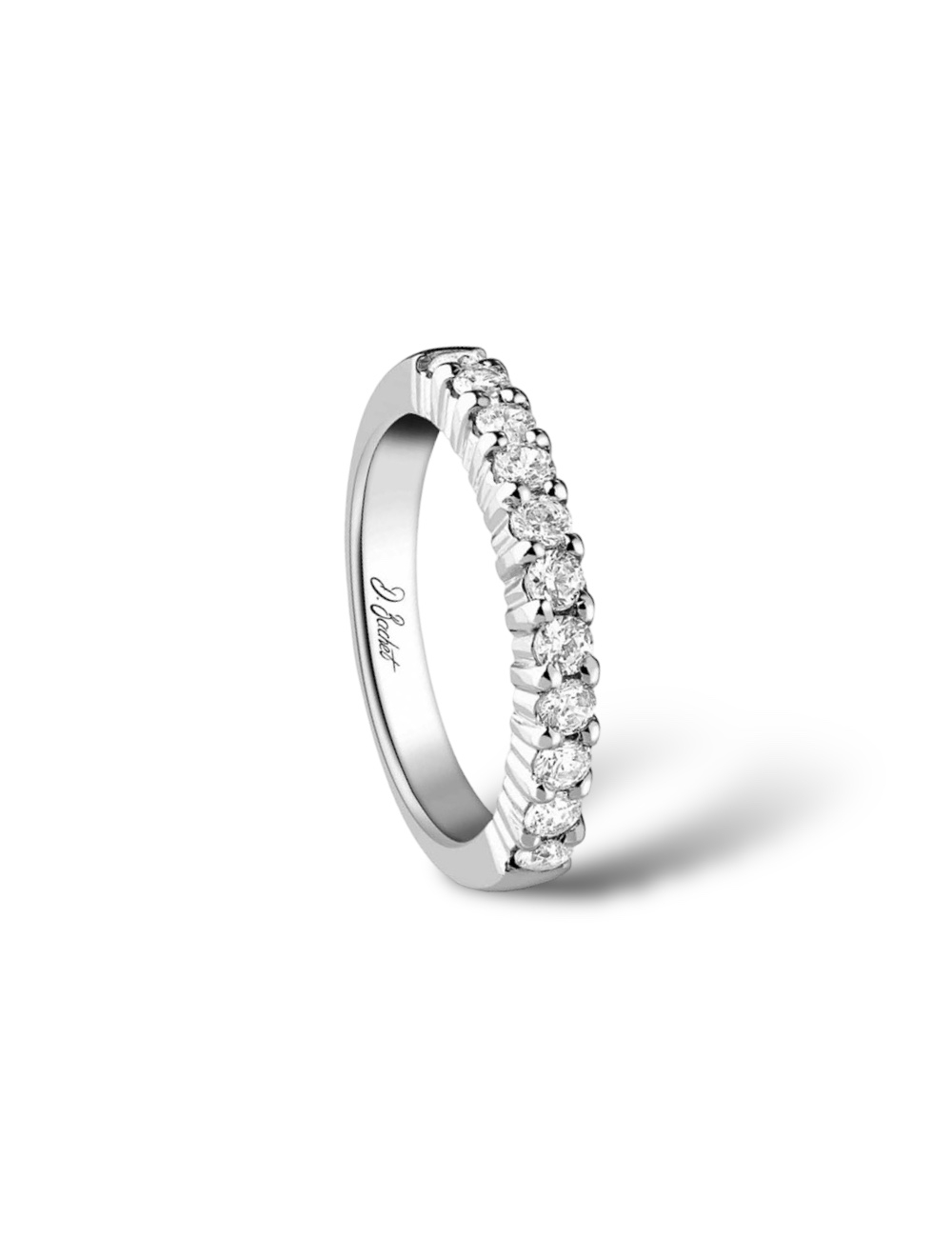 Woman's wedding band featuring sparkling prong-set white diamonds, highlighting delicate craftsmanship.