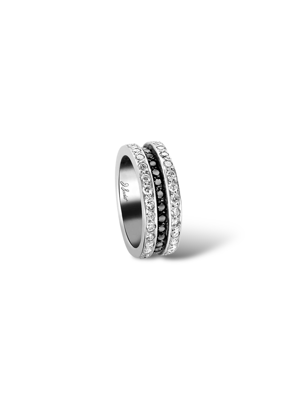 Scroll in Love platinum wedding band for women, showcasing a full circle of grain-set white and black diamonds.