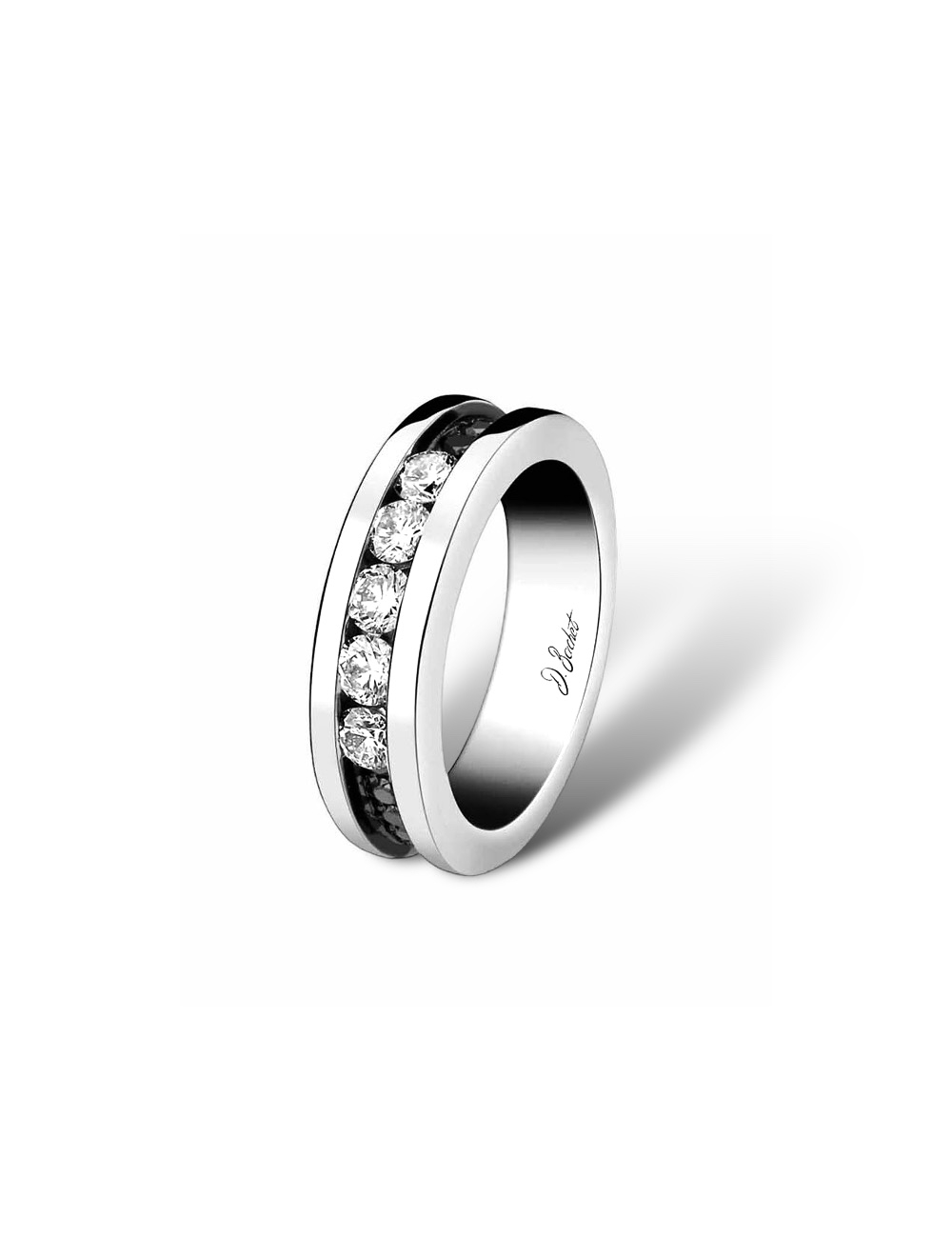 Alliance 'Light in Paris' en platine avec diamants blancs et noirs, incarnant une élégance moderne dans une bande de 5 mm.