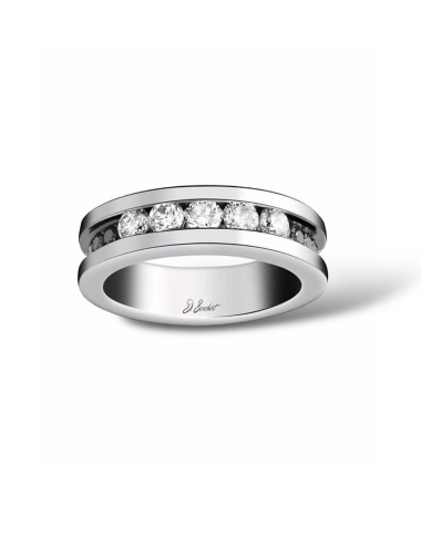 Handcrafted French 'Light in Paris' wedding ring, featuring a unique blend of white and black diamonds in platinum.