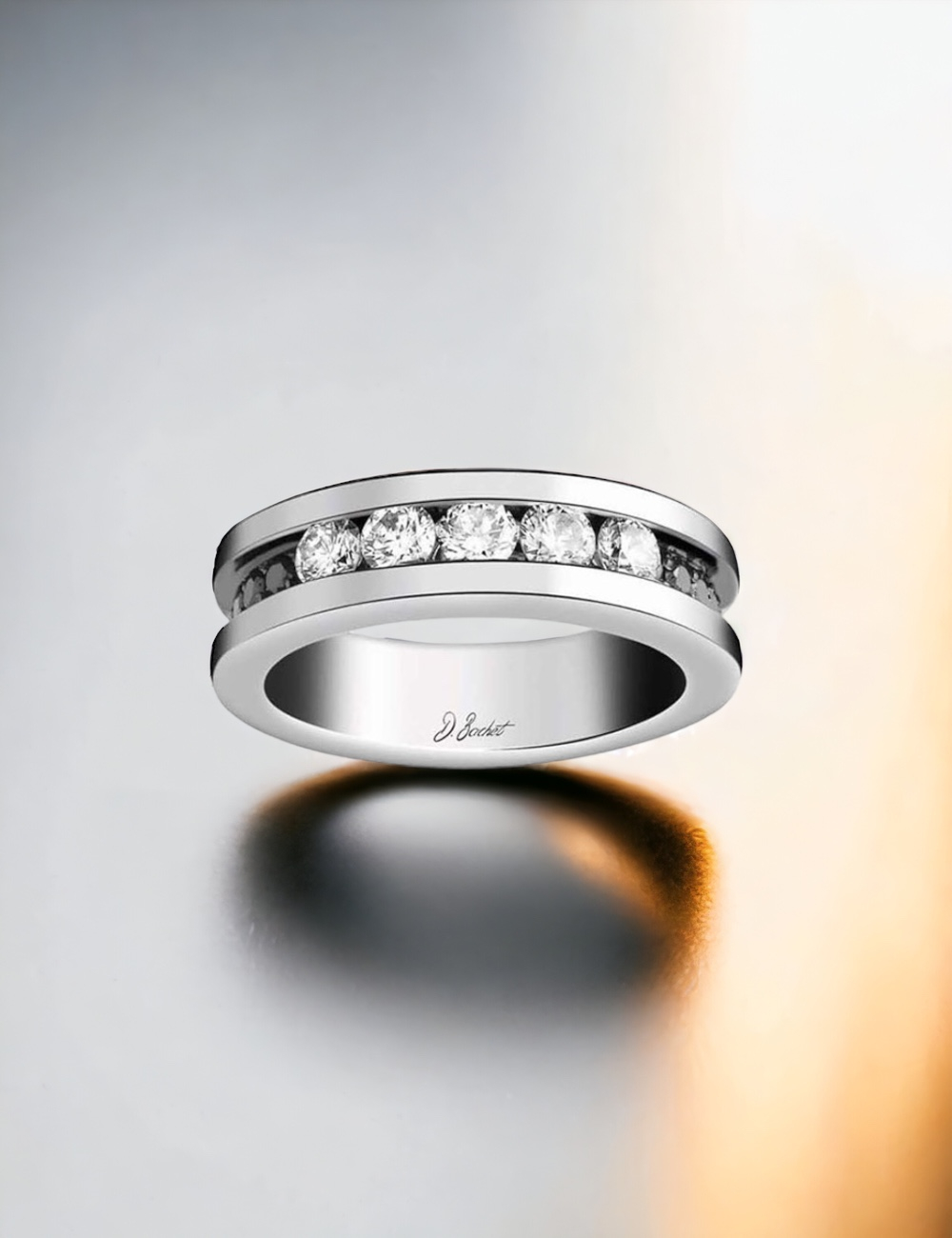 Elegant 'Light in Paris' platinum wedding band with 0.50 carat white diamonds and black diamond accents.
