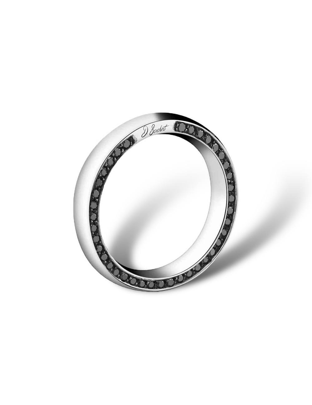 Unisex 'Subtile' platinum ring, set with black and white diamonds on both edges of the band.