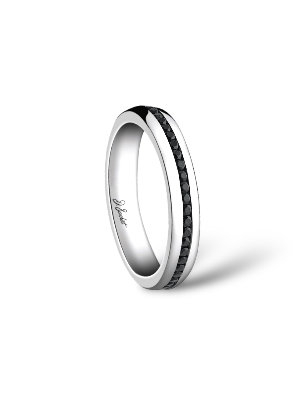 Men's platinum wedding band adorned with black diamonds, blending refinement and modern design to symbolize unique love.