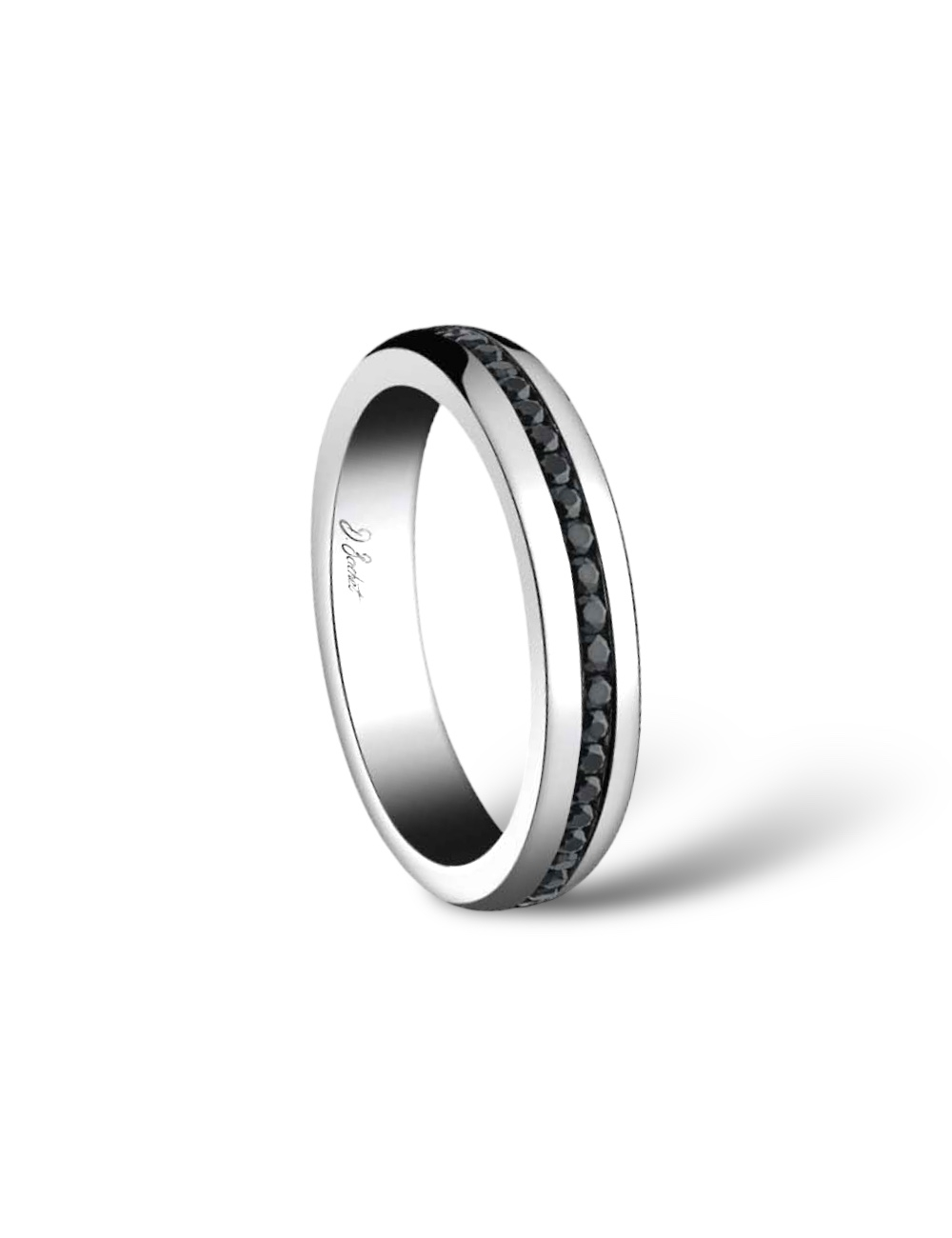 Traditional and creative men's wedding ring in platinum with set black diamonds, made in France.
