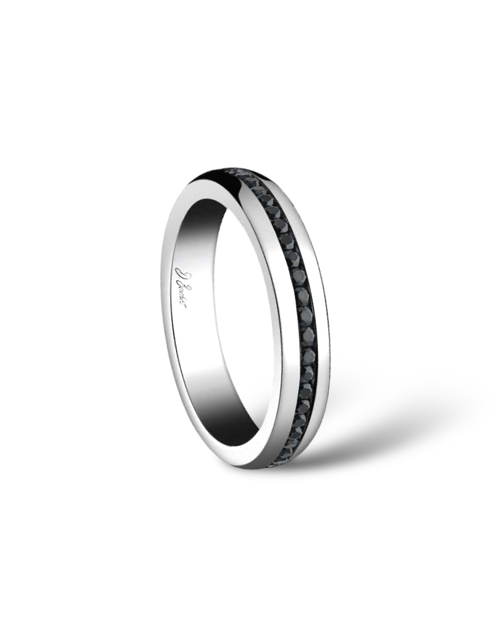 Bague de mariage homme traditionnelle et créative en platine, avec diamants noirs sertis, fabriquée en France.