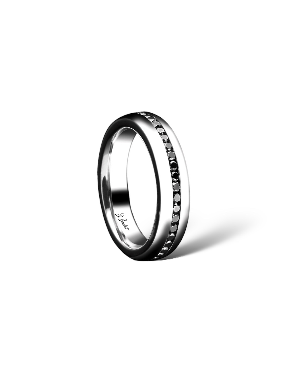 Men's D.Bachet wedding band, traditional with central line of black diamonds, in platinum.