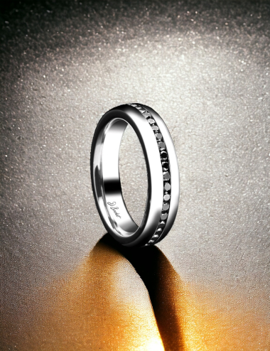 Men's D.Bachet wedding band, traditional with central line of black diamonds, in platinum.