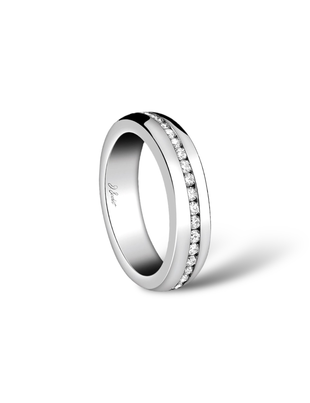 Alliance de mariage femme audacieuse en platine avec diamants blancs, design rond, fabriquée à la main et sur-mesure en France.