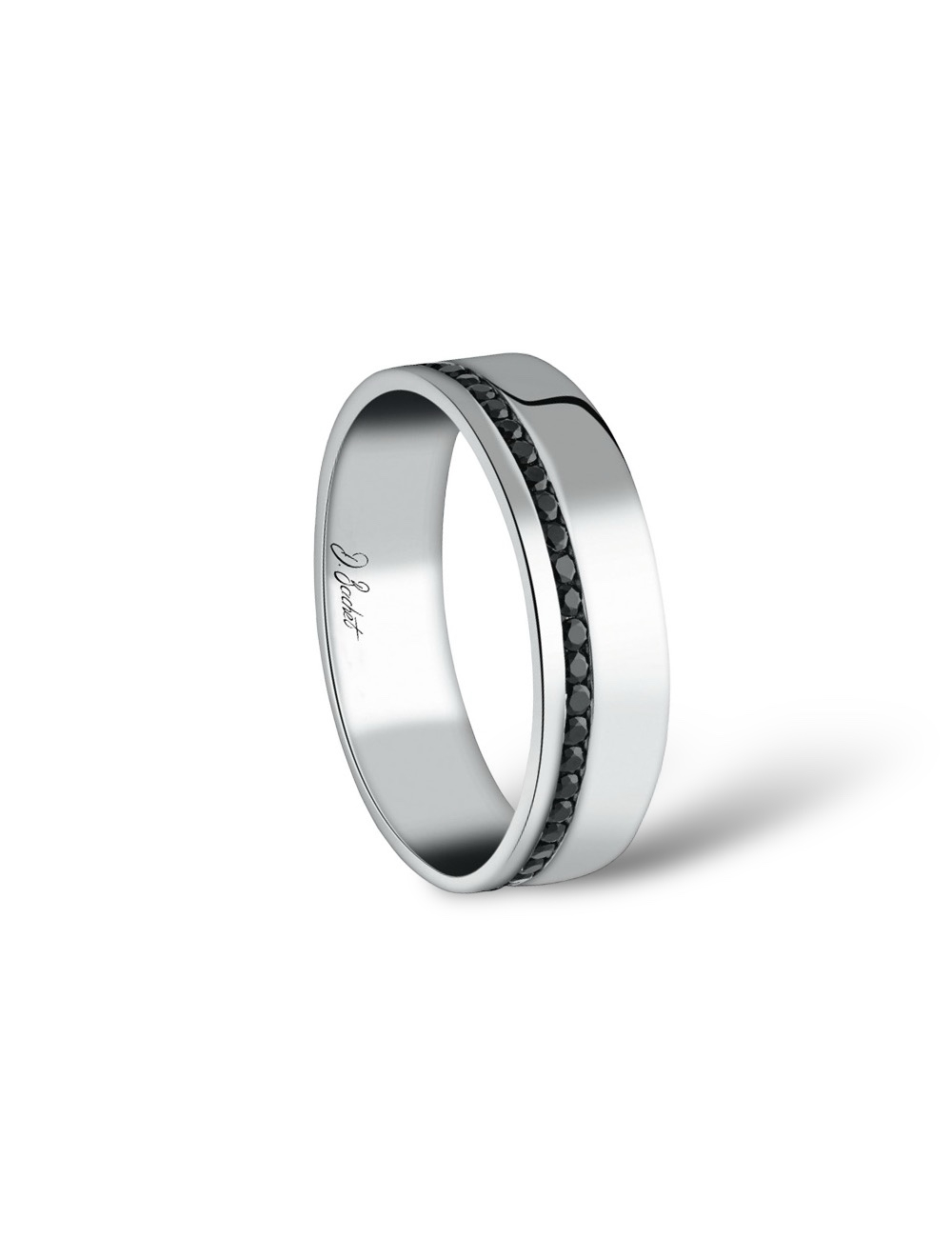 Modern men's wedding band, black diamonds, 6 mm in width, highlighted with platinum.