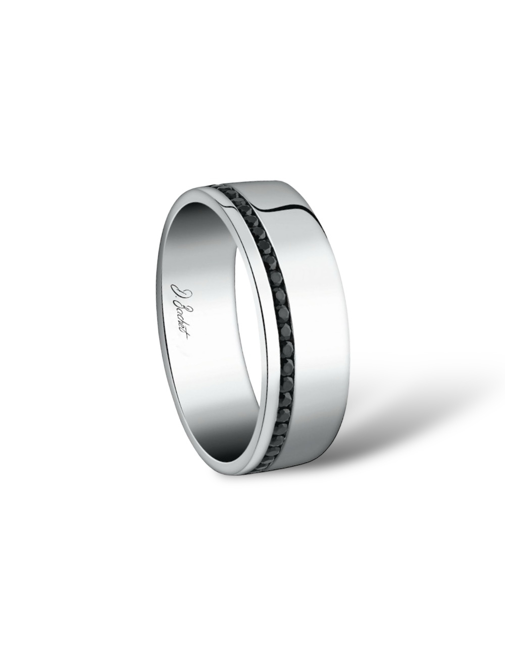 Men's wedding band with a bold and sleek design, 7 mm wide, featuring polished platinum and black diamonds.