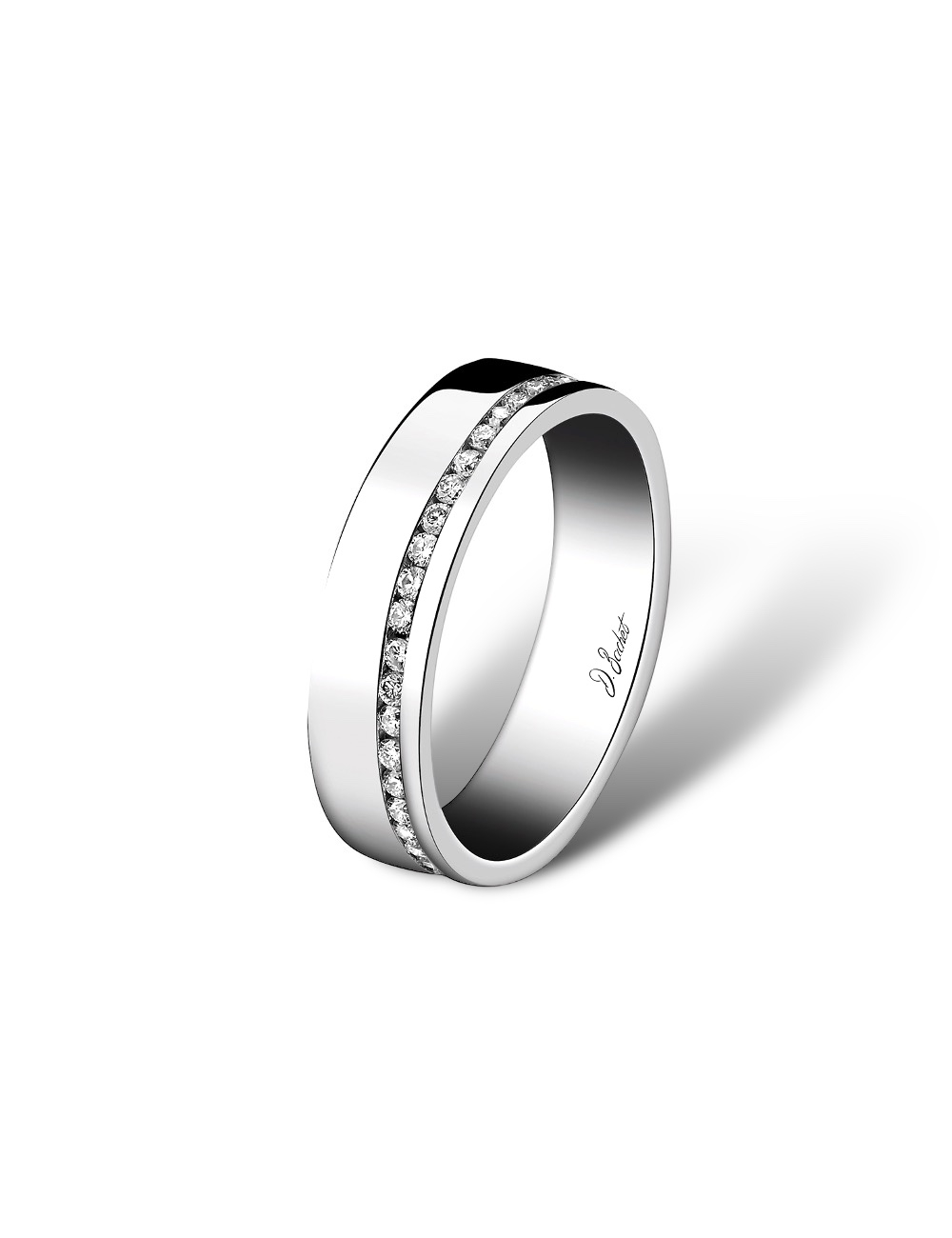 Modern diamond wedding band, sleek design, handcrafted in French workshops with shining metal and white diamonds.