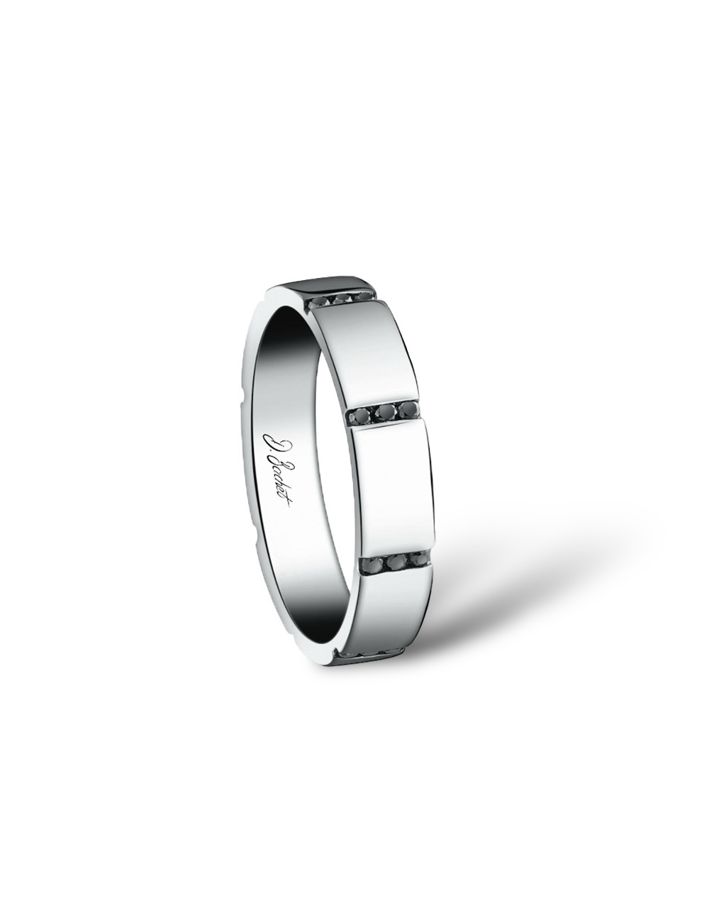 Luxury men's wedding band with 8 rows of black diamonds, symbolizing the eternal union of two souls.