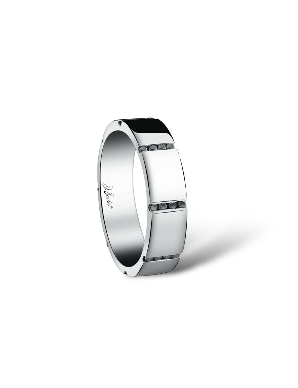 Alliance homme platine 6 mm avec diamants noirs, design graphique et contrastes uniques.
