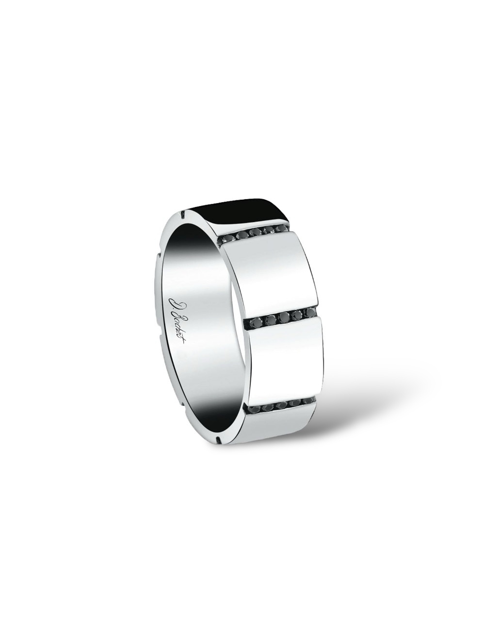 Luxury men's platinum wedding band, 7.5mm, black diamonds, bold graphic design, comfortable fit.