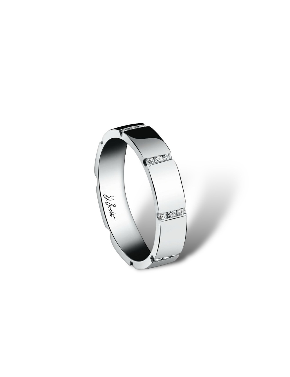 Modern, sophisticated women's wedding band, breaking conventions, with 8 rows of white diamonds symbolizing eternal unity.
