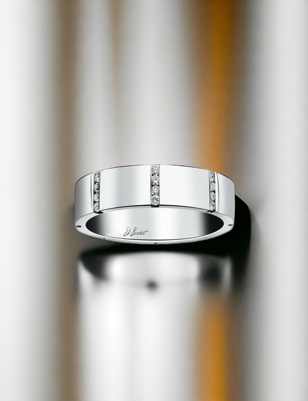 Women's platinum wedding band, graphic and original, with white diamonds, for those looking to break away from convention.
