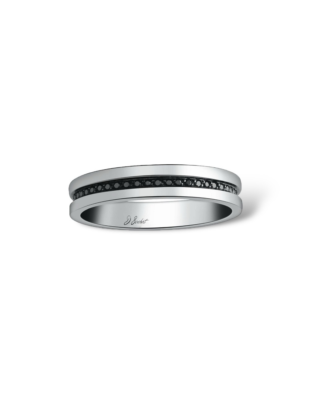 Modern men's platinum wedding band with black diamonds, sleek design, timeless elegance, and contrasting depth and volume.