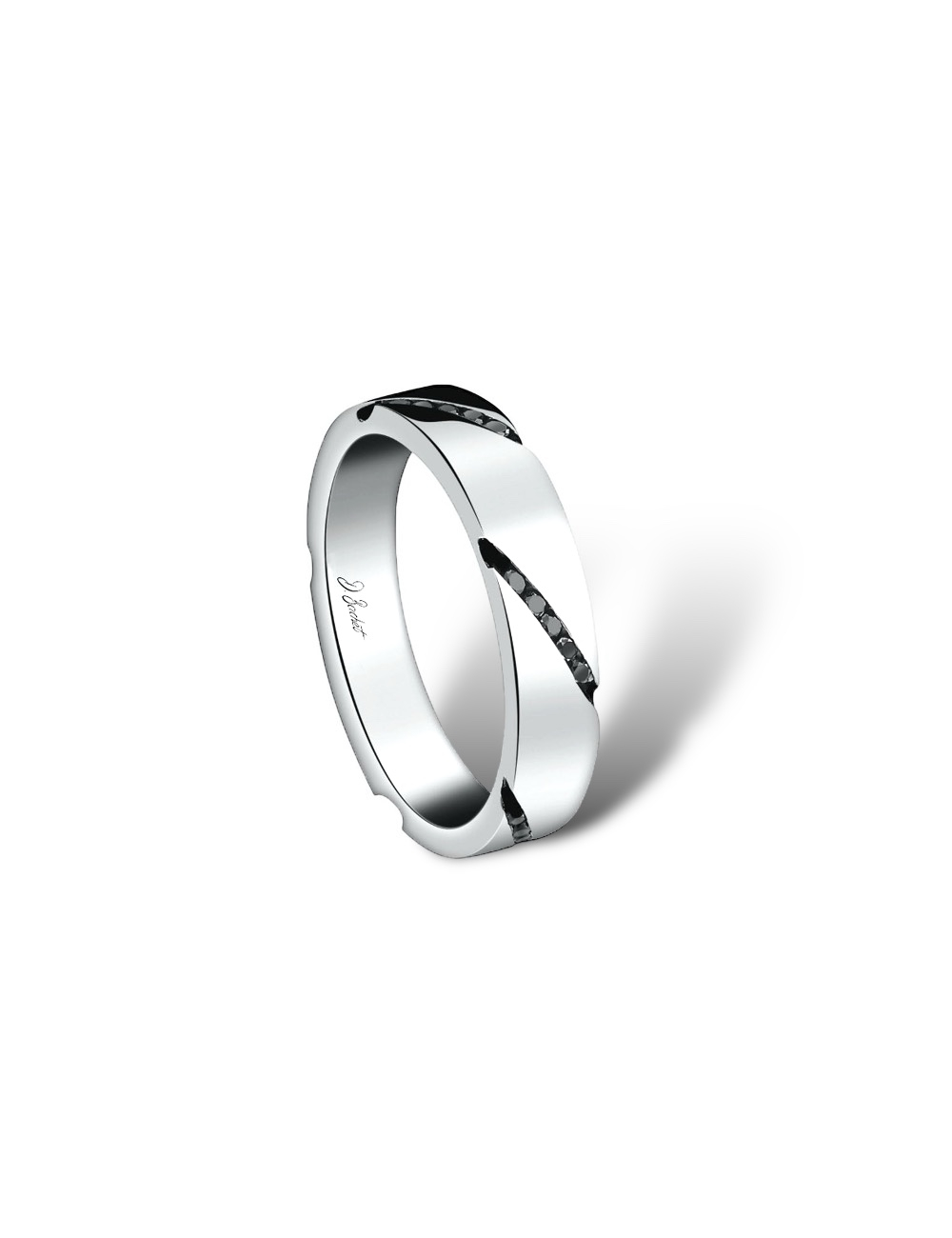 Men's platinum wedding band with a modern design, set with inclined rows of black diamonds.