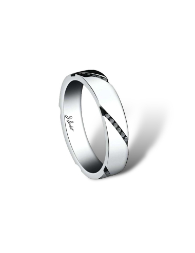 Custom-made men's wedding ring, bold design with graphic lines and black diamonds, traditional French manufacturing.