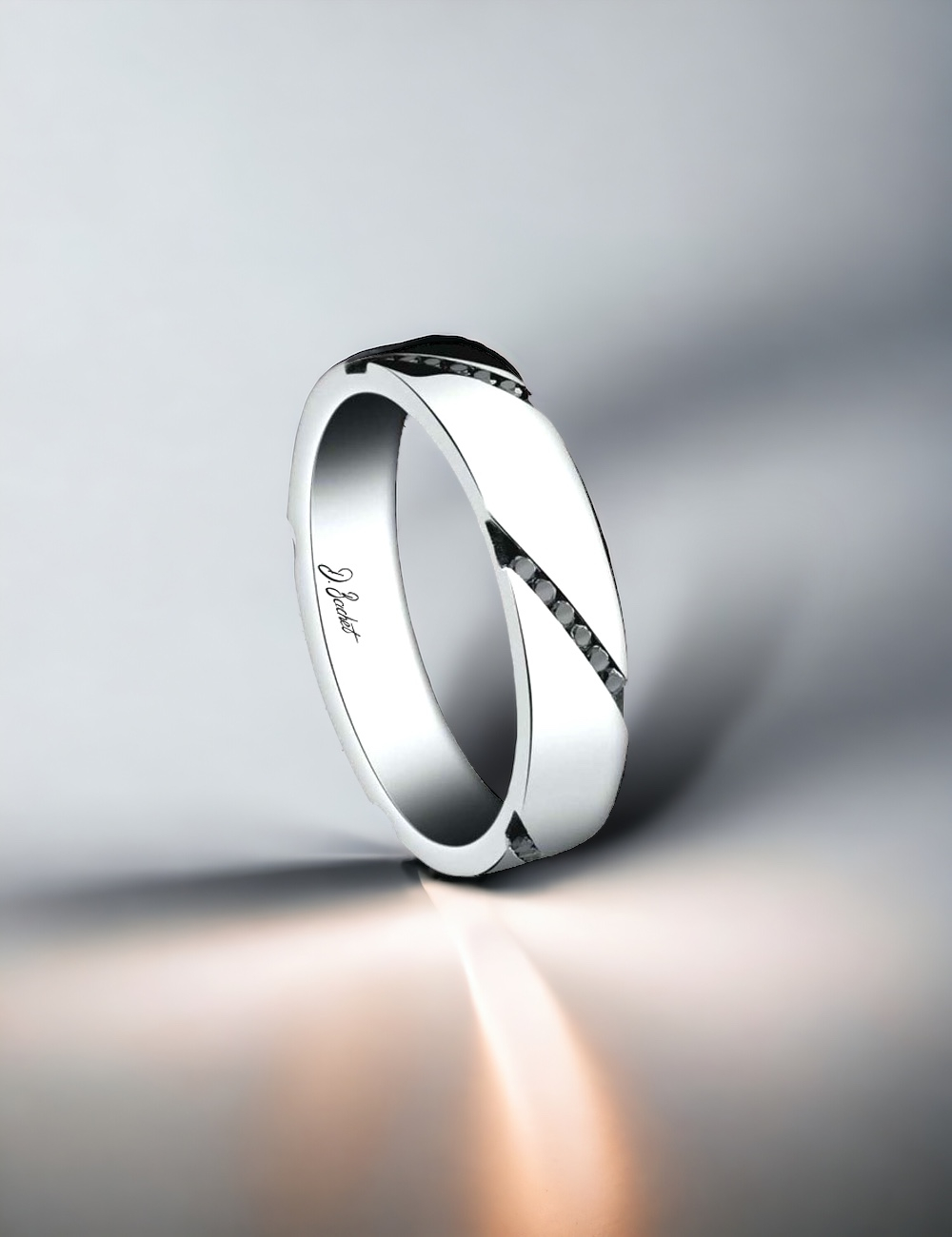 Contemporary men's wedding band with diagonally set black diamonds, French craftsmanship, for a modern and elegant marriage.