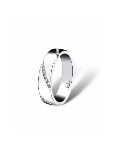 Modern white diamond wedding band in platinum, stackable, with a ribbon-like design, also in black diamonds.