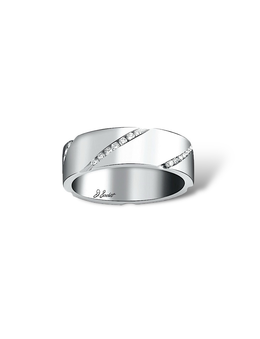 Avant-garde women's wedding band in platinum, gold with diagonal white diamonds, geometric design, also in black diamonds.