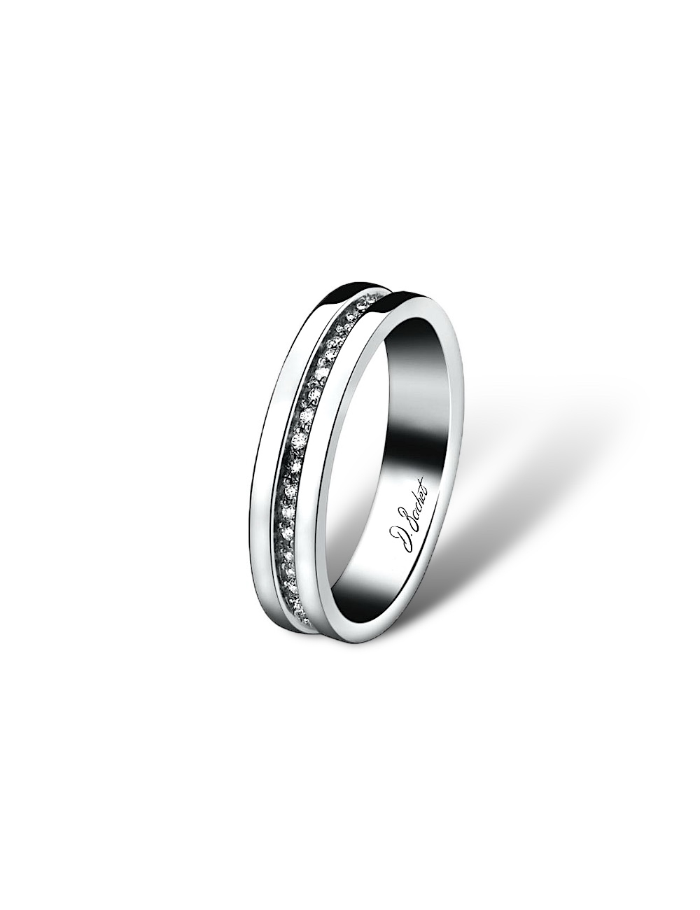 Modern 4.5 mm women's wedding band in platinum, gold, lower-set white diamonds, also in black, for a refined, quiet luxury.