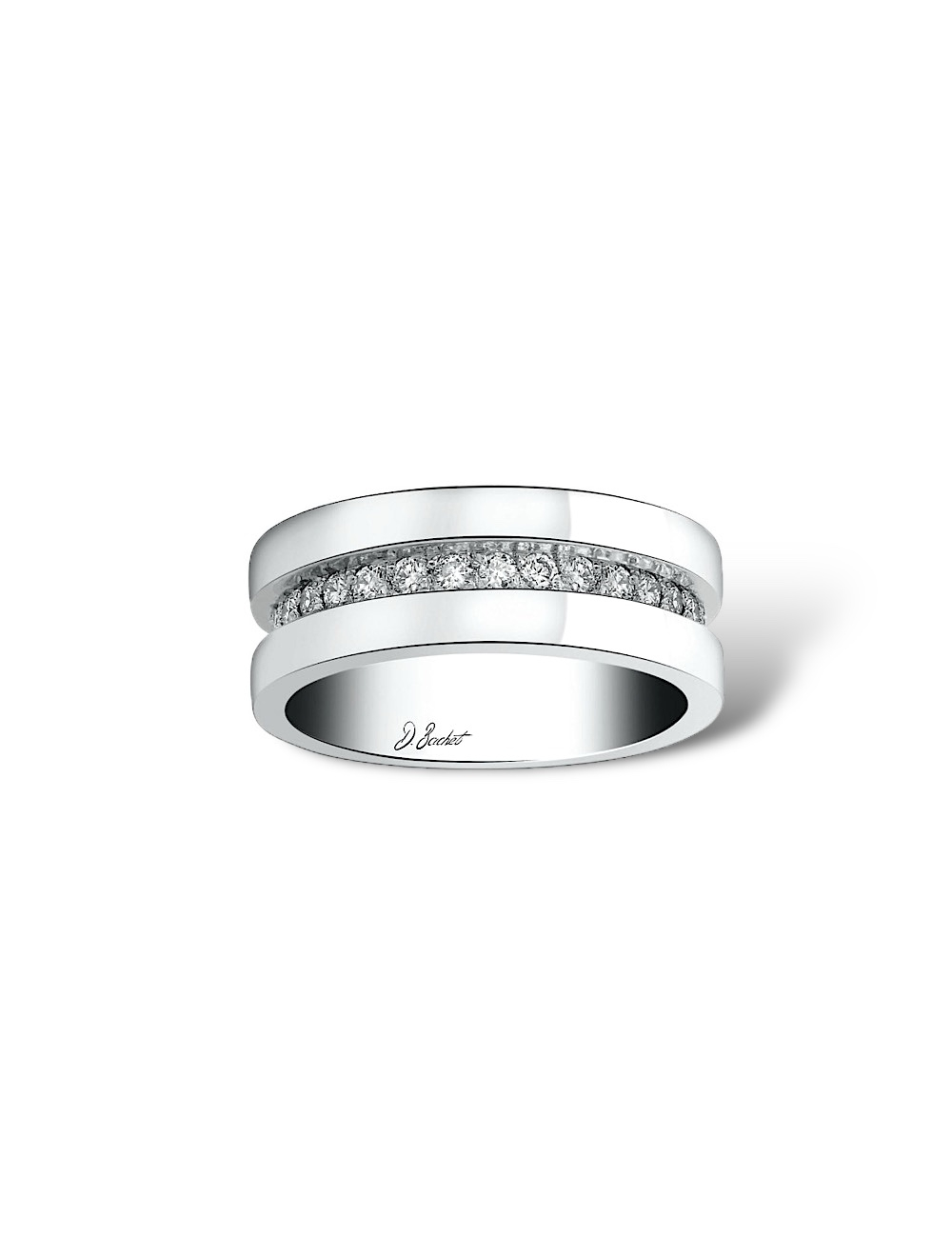 7.5 mm women's diamond wedding band in platinum, gold, comfortable fit, D.Bachet France craftsmanship, also with black diamonds.